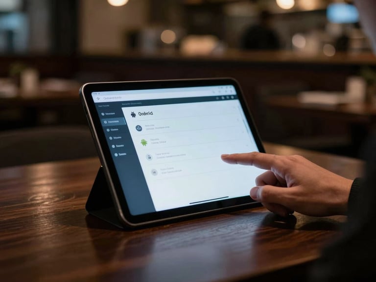 Close-up of a guest's hand interacting with a clean, native Android guest-facing ordering app on a sleek tablet mounted on a restaurant table, cool screen glow, soft background blur of restaurant interior, rich dark tones.