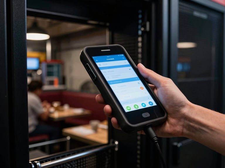 Low-angle environmental shot of a server's hand holding a rugged Android POS device mid-service in a bustling, dimly lit restaurant, screen showing a clear ordering interface, cool screen glow, vibrant restaurant background, rich dark tones.
