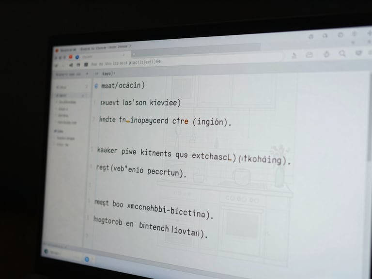 Close-up of clean native Kotlin code on a high-contrast terminal screen, overlaid with a subtle schematic of a kitchen workflow, cool screen glow, dark background.