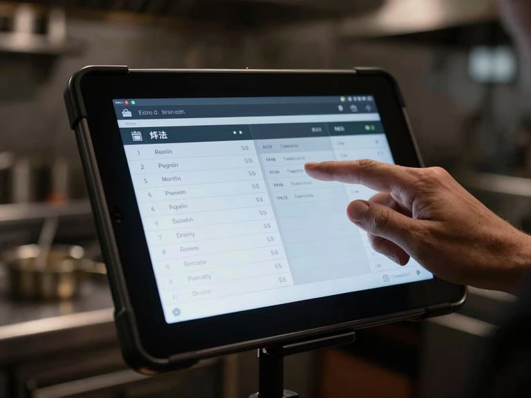 Close-up macro shot of a rugged Android tablet mounted in a busy, dimly lit professional kitchen, displaying a clean, high-contrast kitchen display system interface with active orders, cool screen glow, chef's hand partially visible interacting with screen, rich dark tones.