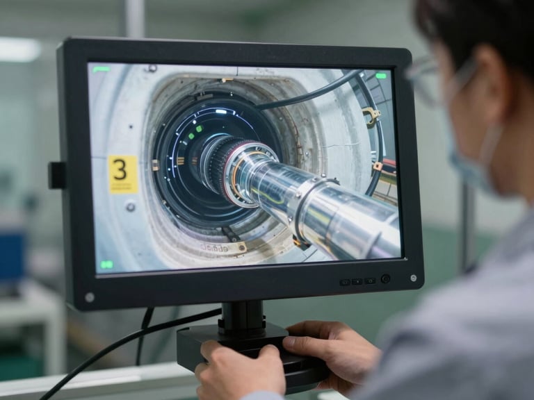 A high-tech sewer camera monitor displaying a clear pipe inspection in real-time, held by a technician in a clean uniform.