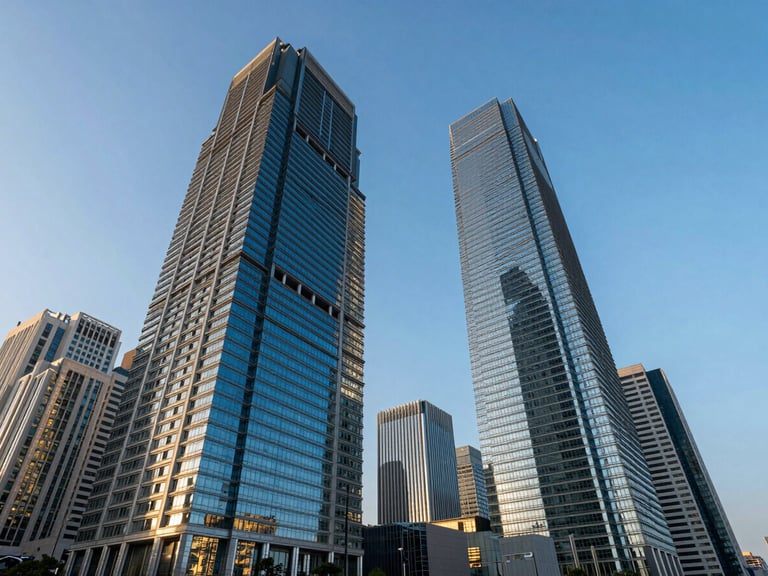 Wide-angle perspective of a modern financial hub in Asia at golden hour, sharp architectural lines reflecting cool blue light with precise golden highlights.