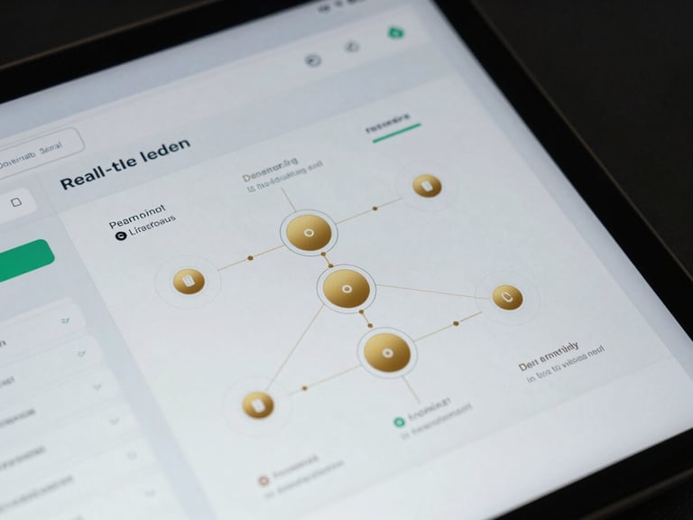 Macro close-up of a high-fidelity fintech UI schematic displaying real-time ledger transactions and architectural nodes, cool studio lighting with sharp gold highlights, dark background.