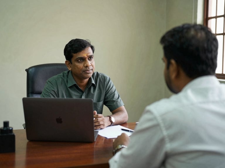 Over-the-shoulder shot of an academic researcher interviewing a local council member in a sunlit Kerala panchayat office, natural light, documentary style