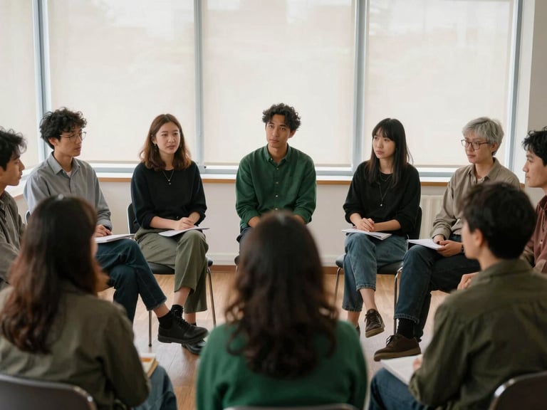 An active research roundtable discussion with diverse participants, soft daylight through windows, natural expressions, documentary editorial photography