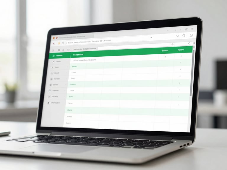 Macro shot of a high-end laptop screen displaying a clean, structured spreadsheet with green accent highlights, bright natural office daylight, cool desaturated tones.