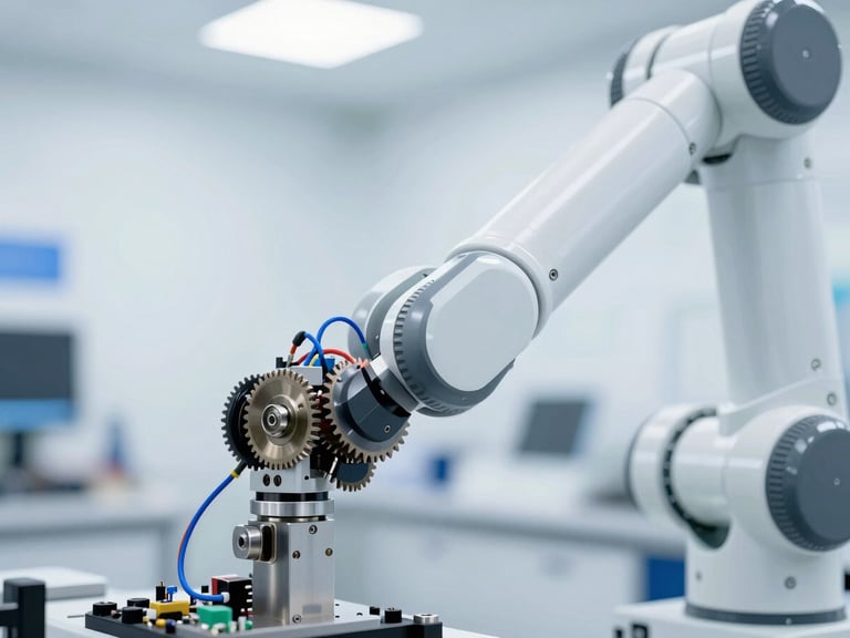 Macro close-up of a high-precision robotic joint, clean modern laboratory setting, bright high-key lighting, sharp focus on mechanical gears and electric blue wiring, 35mm