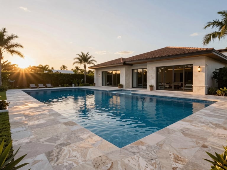 Architect's rendering of a perimeter-overflow pool integrated into a modern South Florida estate, golden hour, wide-angle lens, 35mm