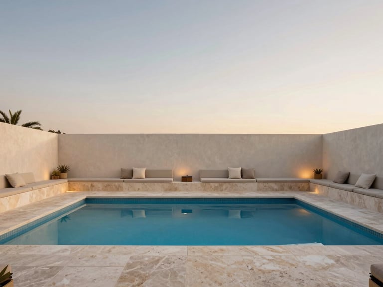 Minimalist outdoor living space with a clean-lined pool, integrated seating, and subtle landscape lighting at twilight, South Florida resort, wide-angle lens, 35mm