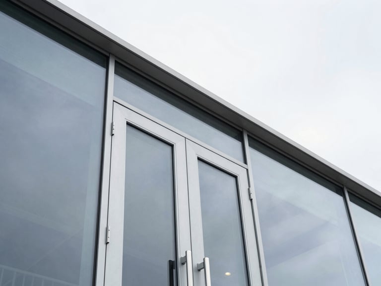 Low-angle architectural shot of a modern glass facade with a sleek aluminum sliding door installed, bright natural overcast daylight, cool metallic tones, sharp focus.