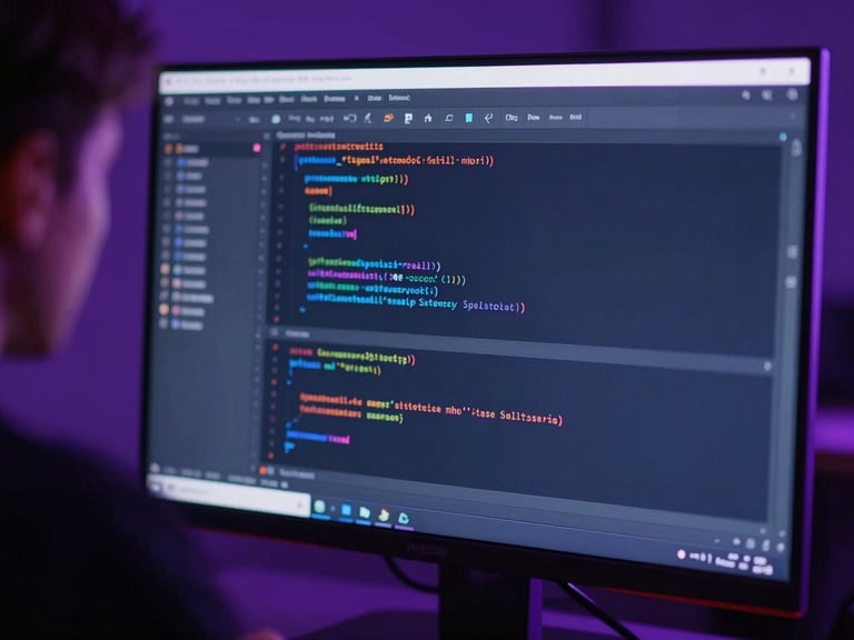 Over the shoulder shot of a developer analyzing a high-resolution IDE screen with clean structured code, neon violet backlighting, shallow depth of field
