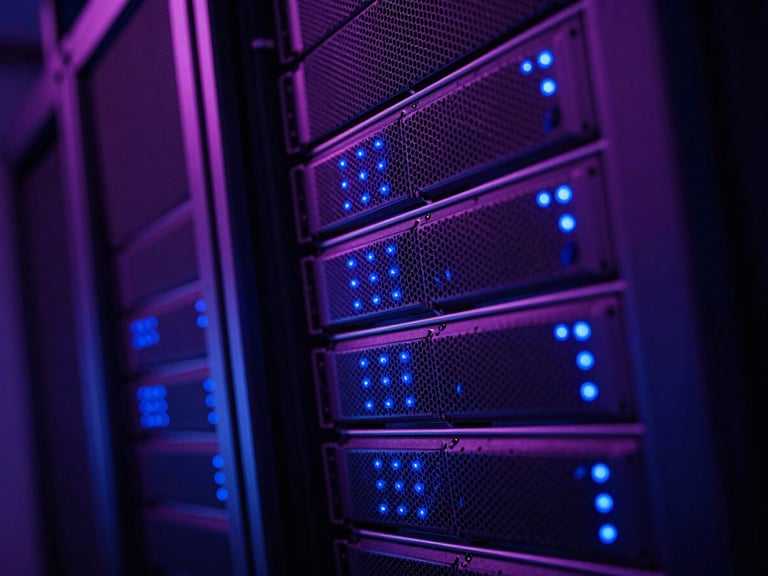 Sleek tech photography of server racks with blinking blue indicator lights, dynamic perspective, low-key dramatic lighting.