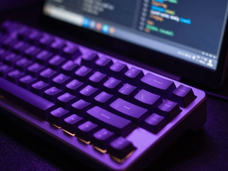 A close-up macro shot of a developer's mechanical keyboard and a high-resolution screen showing lines of code, illuminated by neon purple and deep blue ambient light, shallow depth of field.