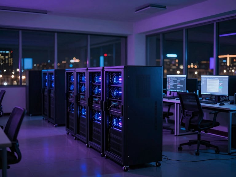 Wide panoramic shot of a modern dark-mode software development lab in Nepal, large windows showing Kathmandu night lights, glowing server racks