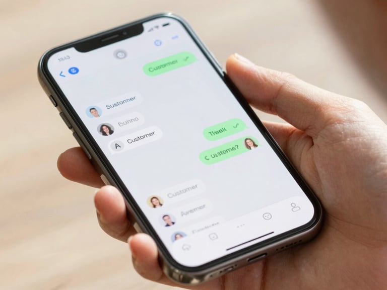 Close-up of a hand interacting with a clean mobile chat interface, showing an AI agent responding to customer queries, warm natural daylight, shallow depth of field