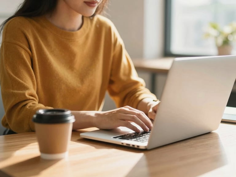 Medium shot of a small business owner working on a laptop in a bright, modern office, a coffee cup nearby, warm natural daylight, shallow depth of field