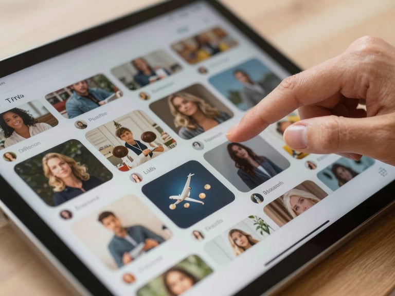 Close-up of a hand scrolling through a social media feed on a tablet, showing engaging AI-generated content, warm natural daylight, shallow depth of field
