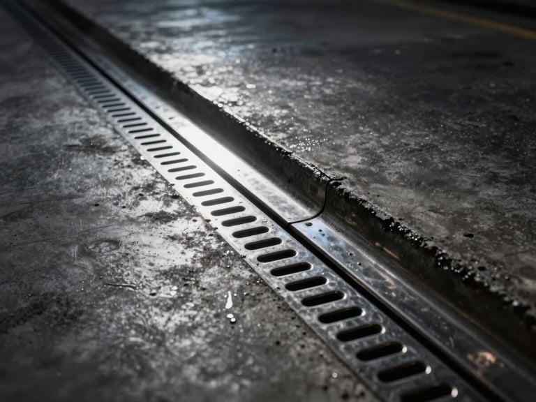 Industrial concrete floor edge profile, seamless transition from dark epoxy to stainless steel drain, high-contrast directional lighting, 35mm