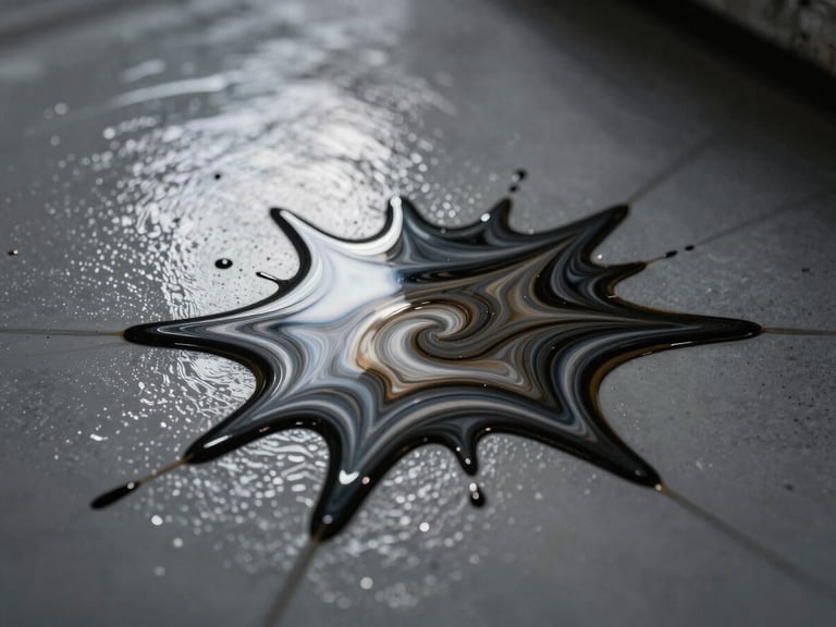 Extreme close-up of a dark liquid chemical spill pooling harmlessly on a high-gloss, pristine grey epoxy surface, sharp directional lighting and metallic pigment swirls.