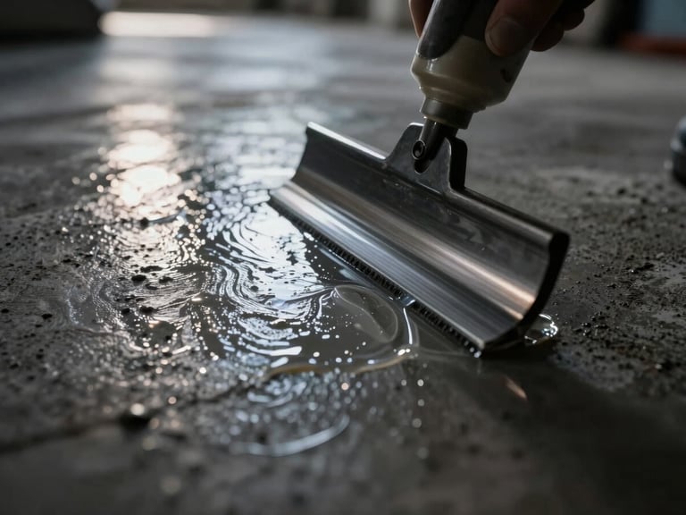 Extreme close-up of clear liquid epoxy primer being squeegeed across profiled concrete, wet glossy line reflecting bright overhead work lights
