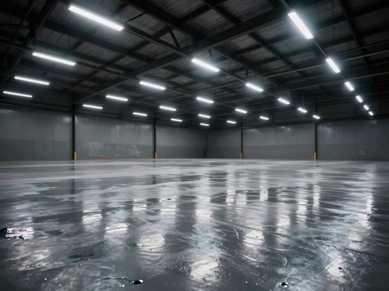 Wide environmental shot of a clean, empty commercial warehouse floor reflecting bright overhead linear LED lights, showcasing a pristine, newly cured seamless pour.