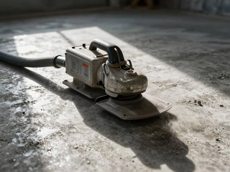 Low-angle shot of an industrial concrete grinder profiling a raw concrete floor, dust extraction hose attached, harsh side lighting exposing floor texture