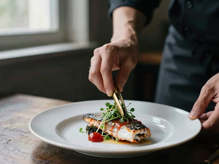 A chef carefully placing microgreens on a beautifully plated fish dish with a brass tweezer, soft window light, dark background.