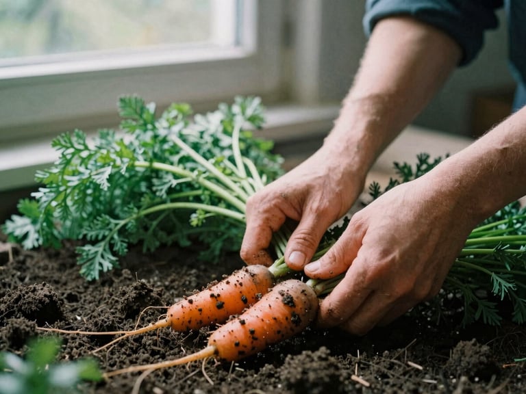 Hands pulling fresh muddy carrots from dark soil, overcast morning light, rich forest green tones, 35mm film style.