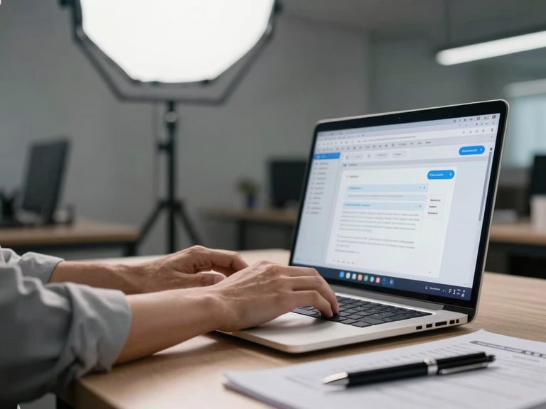 Wide environmental shot of an office worker's hands typing on a laptop, an AI chat interface visible on screen beside open spreadsheet tabs, even studio lighting overhead, desk surface with printed report and pen in frame