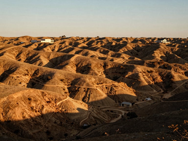 Raw expansive land parcel in Etla showcasing natural topography under warm golden hour light, rich earth tones, medium format film