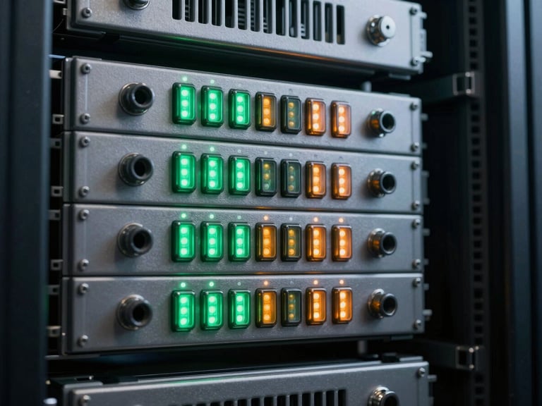 Close-up of technical terminations inside a server room, sharp native green and orange LED status lights, industrial-grade redundancy, cool steel-gray tones.