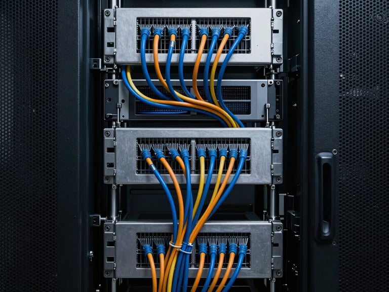 Immaculate server rack with perfectly dressed, comb-dressed blue and orange cables, straight-on architectural elevation, cool steel-gray tones, dramatic high-contrast lighting.