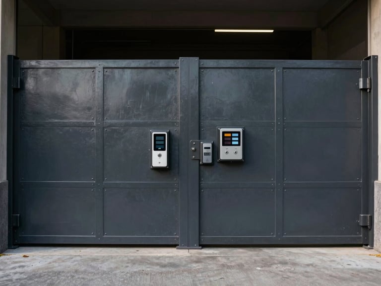Heavy-duty security access control gate mounted on dark industrial steel, straight-on architectural elevation, dramatic high-contrast lighting, clean physical integration.