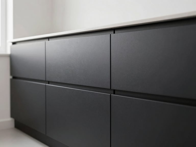 Close-up of a high-end modern kitchen joint, perfectly aligned black cabinetry, crisp natural daylight, clean Swiss minimalist style, sharp focus