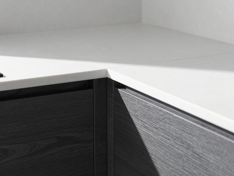 Close-up of clean kitchen joints, modern wooden and dark charcoal cabinets, crisp natural daylight, sharp focus, 35mm