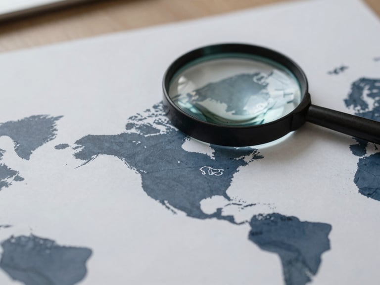 Macro close-up of a world map on a desk, with a magnifying glass over Canada, soft interior lighting.