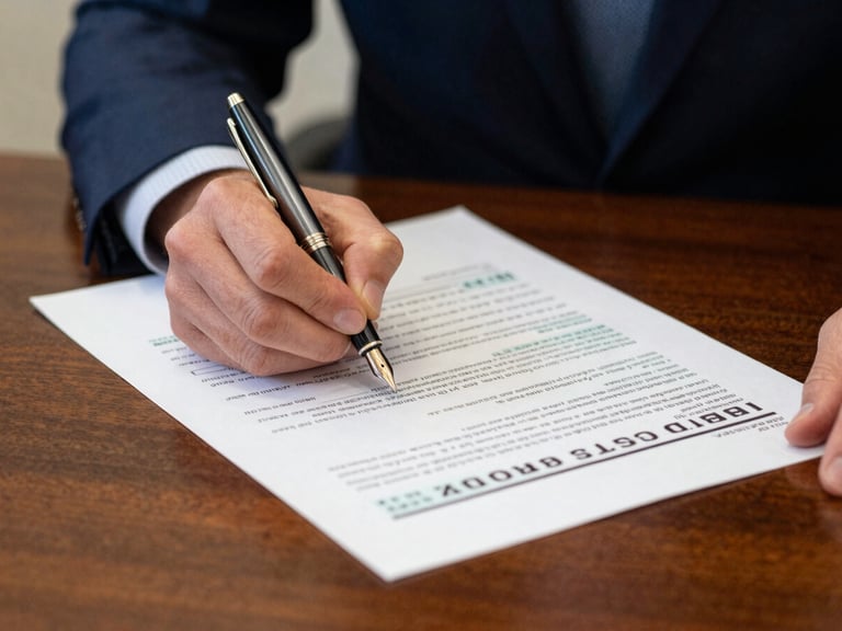 Close-up of a fountain pen signing a tax document on a polished mahogany desk, soft architectural lighting, shallow depth of field.