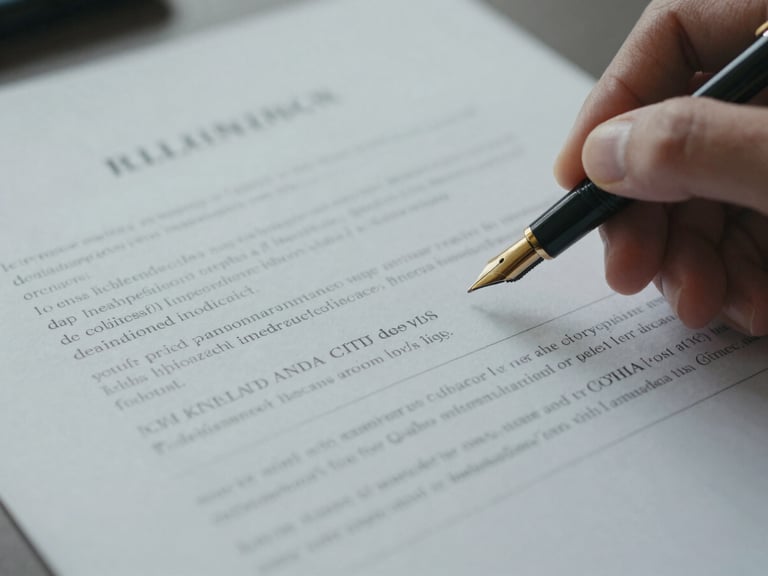 Close-up of a legal brief or report, with a hand holding a gold-nib fountain pen, structured office setting, low-contrast light.