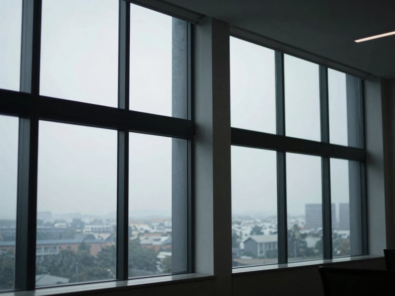 Wide shot of a modern, structured office environment with large windows and diffused daylight, geometric shadows on the wall.