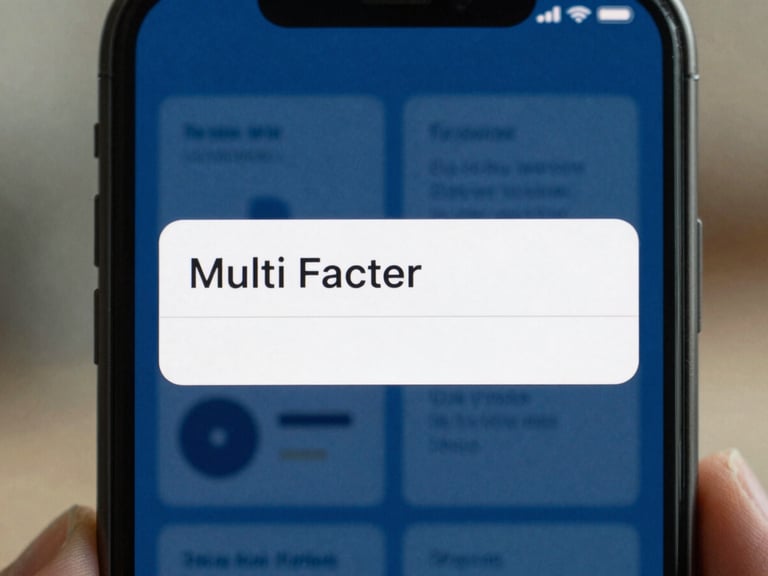 Close-up of a smartphone screen displaying a multi-factor authentication prompt, with a blurred background of a secure digital environment, calming blue tones.