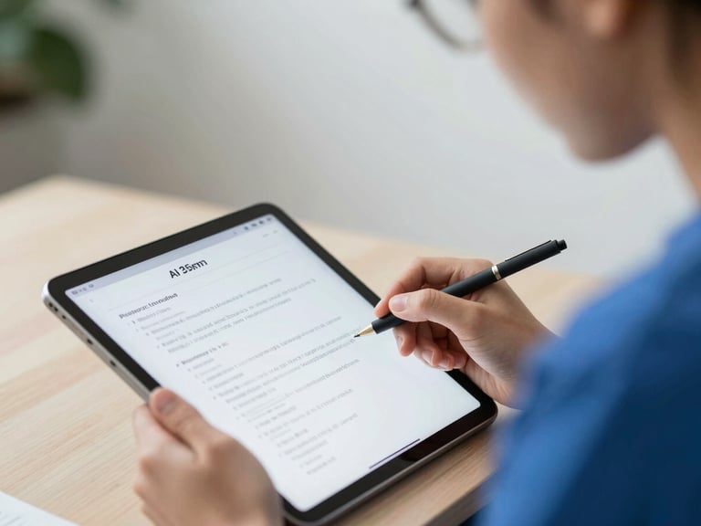 Close-up of a support coordinator reviewing AI-generated notes on a tablet, with a focused expression, natural daylight, soft and approachable framing.