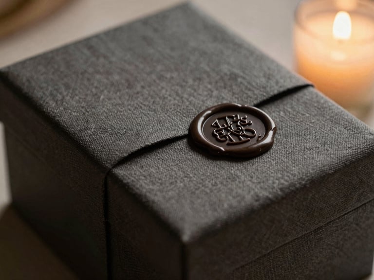 Macro detail shot of a heavy charcoal linen box sealed with a dark wax stamp, soft candlelight, warm champagne tones, luxurious packaging