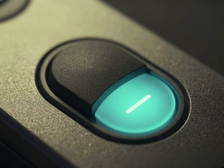 Extreme close-up macro view of a tactile Android UI toggle button shifting from off to on, glowing electric teal highlight, dark metallic background with soft neon lime reflections.