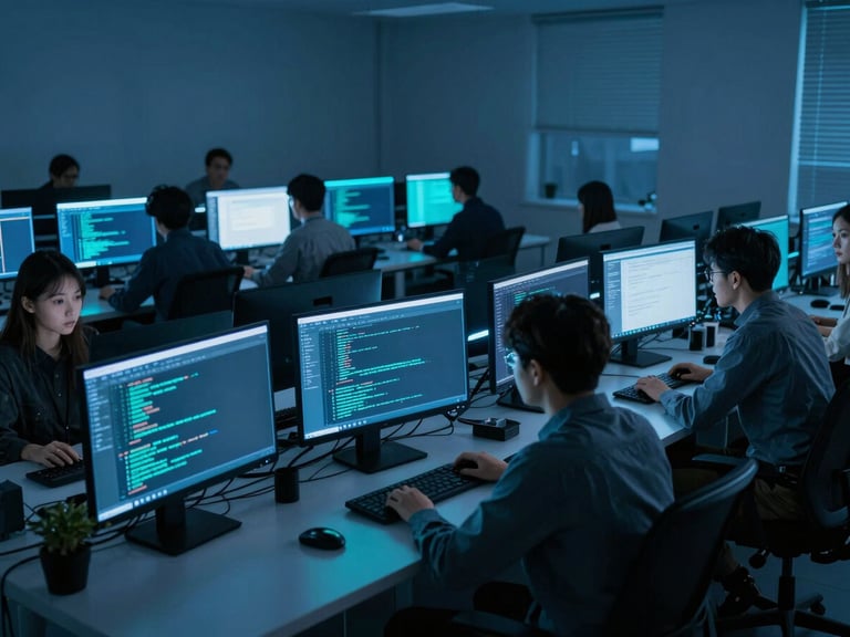 Wide environmental shot of software developers collaborating in a low-key midnight blue tech lab, glowing electric cyan screens displaying code, 35mm