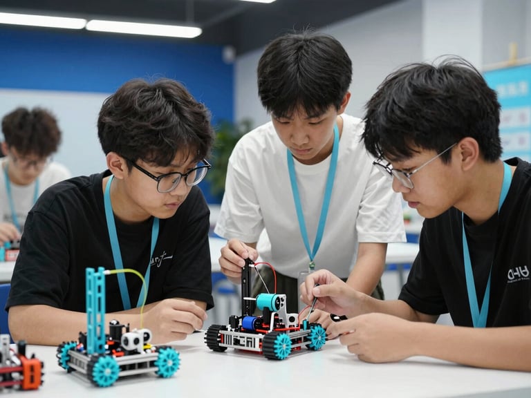 Medium shot of focused young students working together on a robotics project in a bright community center, electric cyan details, modern technology education environment, modern editorial technology photography, 35mm