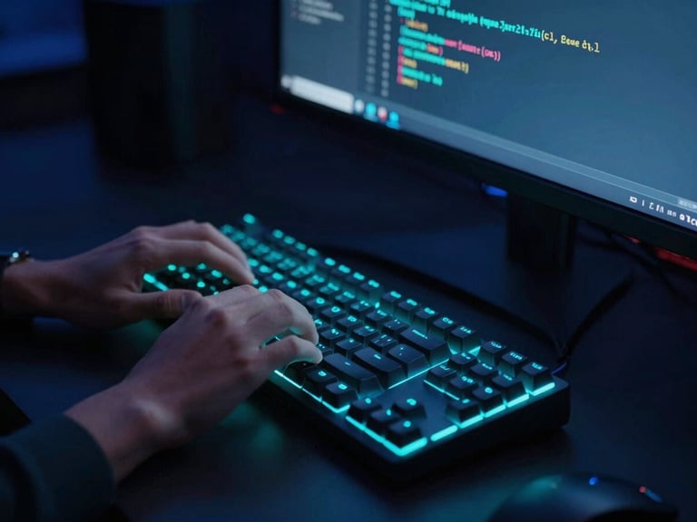 A close-up of a student's hands typing clean code on a mechanical keyboard, illuminated by the electric cyan glow of a monitor in a dark room.