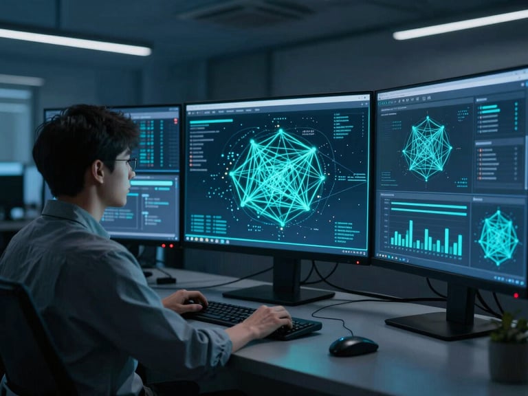 A cybersecurity analyst monitoring threat dashboards with glowing cyan network maps in a modern US operations center, wide shot, 35mm
