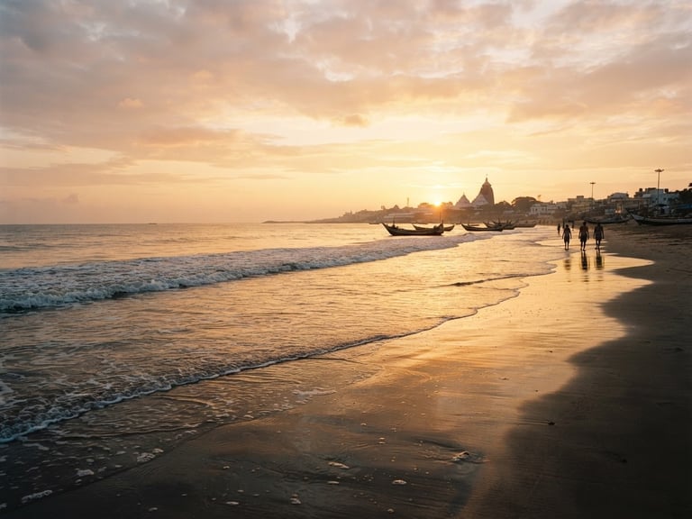 Wide environmental shot of Puri beach at sunrise, golden light reflecting on wet sand, soft waves, serene atmosphere, 35mm photography