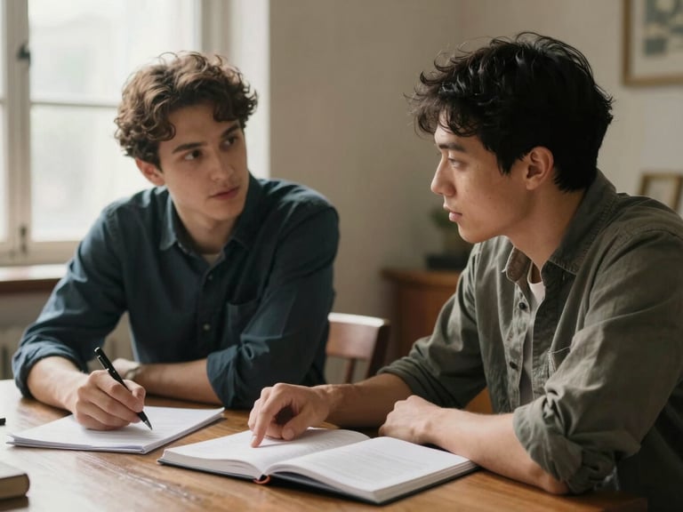 Two people seated at a table in a warm-lit room, one pointing at an open notebook, the other listening attentively, daylight from a side window, documents and a pen on the table, genuine conversation not posed