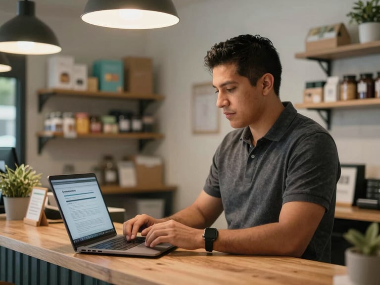 Environmental medium shot of a Latino entrepreneur at a small business counter, laptop open with a loan application visible on screen, warm incandescent light overhead, shelving with products in soft background
